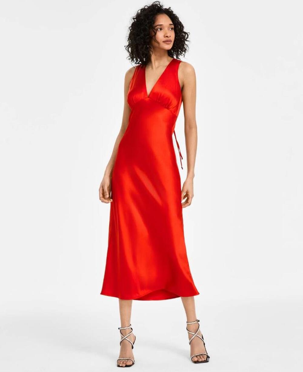 EMERALD SUNDAE Women's V-Neck A-Line Satin Dress Size M In Red